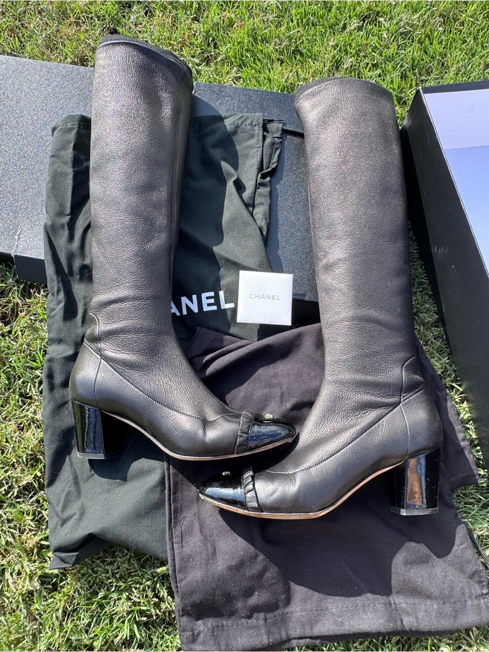 CHANEL Black Leather Over-The-Knee Boots with Patent Cap Toe